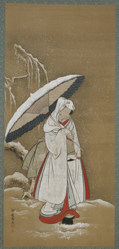 Hiver : une jeune femme marchant dans la neige, période Edo, vers 1772-80 - Isoda Koryusai